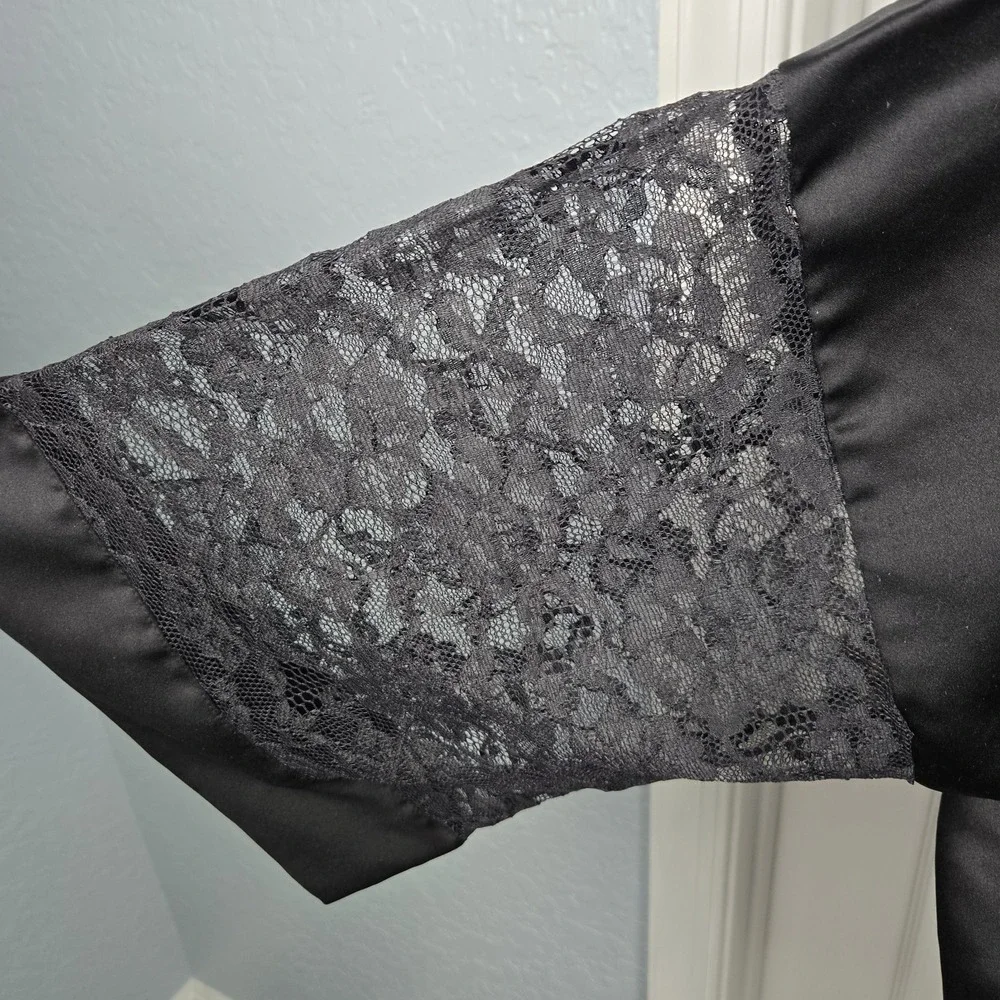 Victoria's Secret Gold Label‎ Vtg Black Satin And Lace Kimono Robe One Size